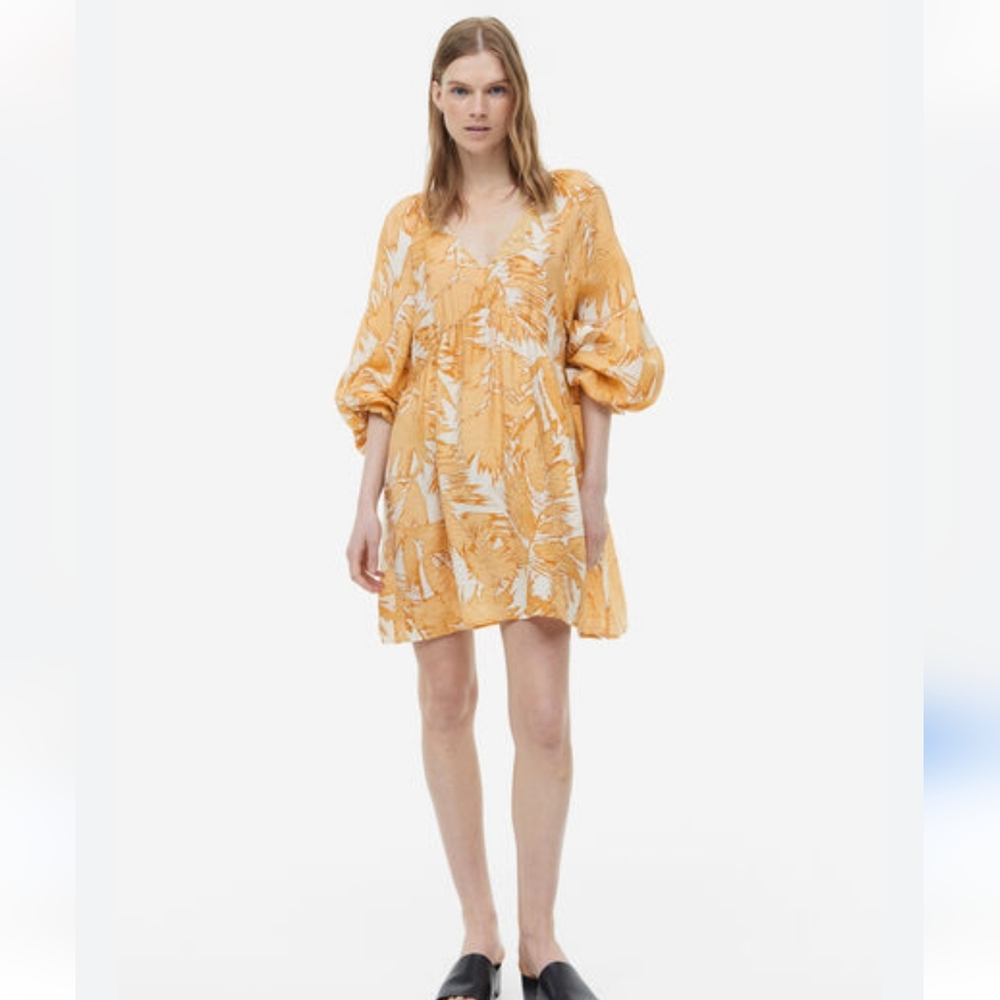 H&M Mustard Yellow Floral V-Neck Mini Dress